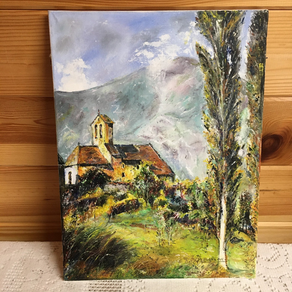 Original Vintage French Naive Oil Painting Mountains & Church Signed M Doltaire