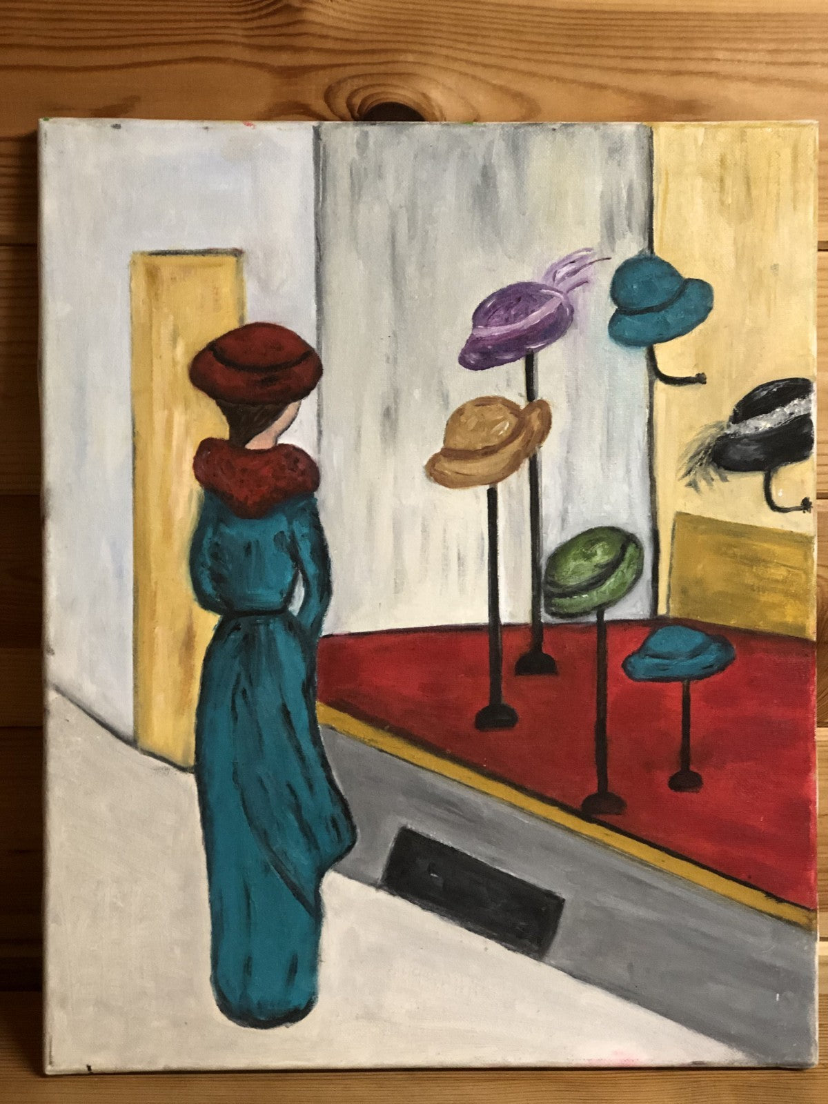 Original French Naive Vintage Canvas Oil Painting. Unsigned. Lady In A Hat Shop.