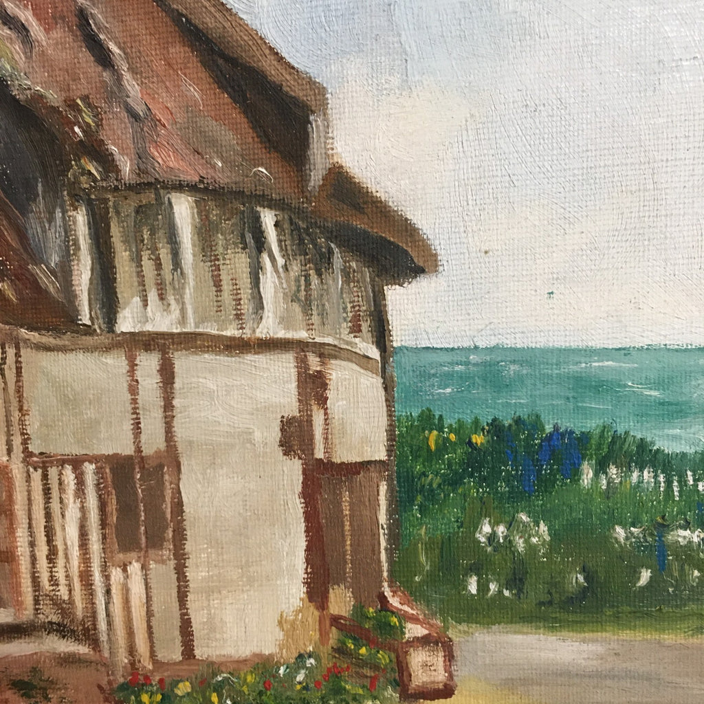 Vintage Naive Oil Painting French Country Village Scene Signed E Vetillard
