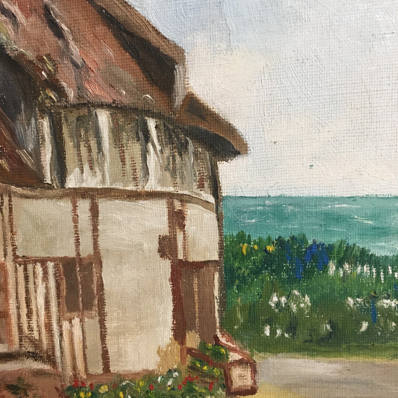 Vintage Naive Oil Painting French Country Village Scene Signed E Vetillard