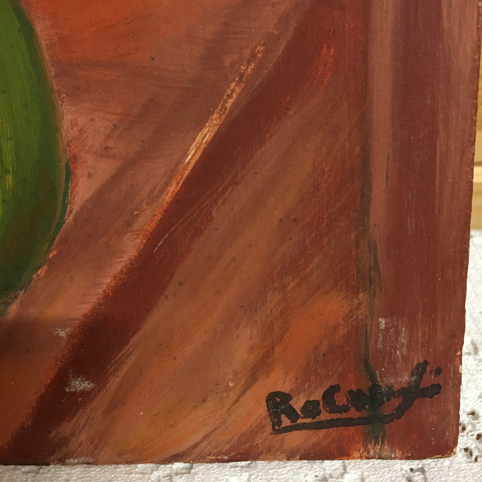 French Naive Vintage Oil Painting Still Life Dried Corn On The Cob In Green Vase