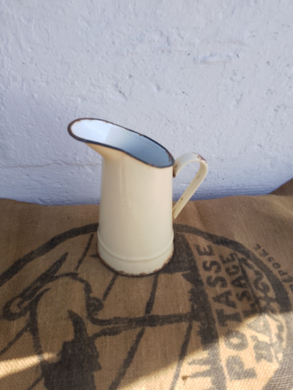 Vintage French Cream Enamel Pitcher Jug Rustic farmhouse Style 20cm tall