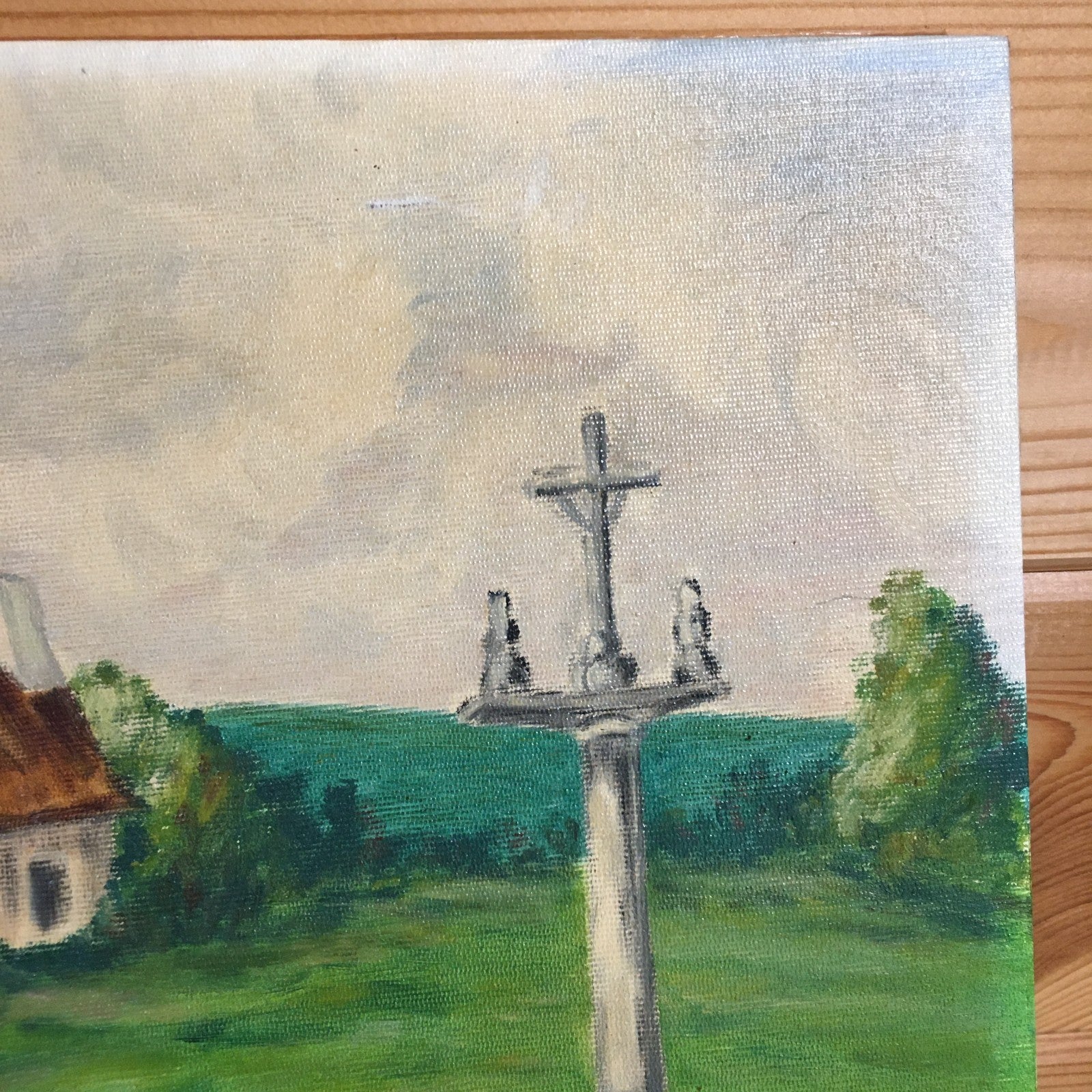 French Naive Vintage Oil Painting Breton Scene Cottage And Stone Cross Signed