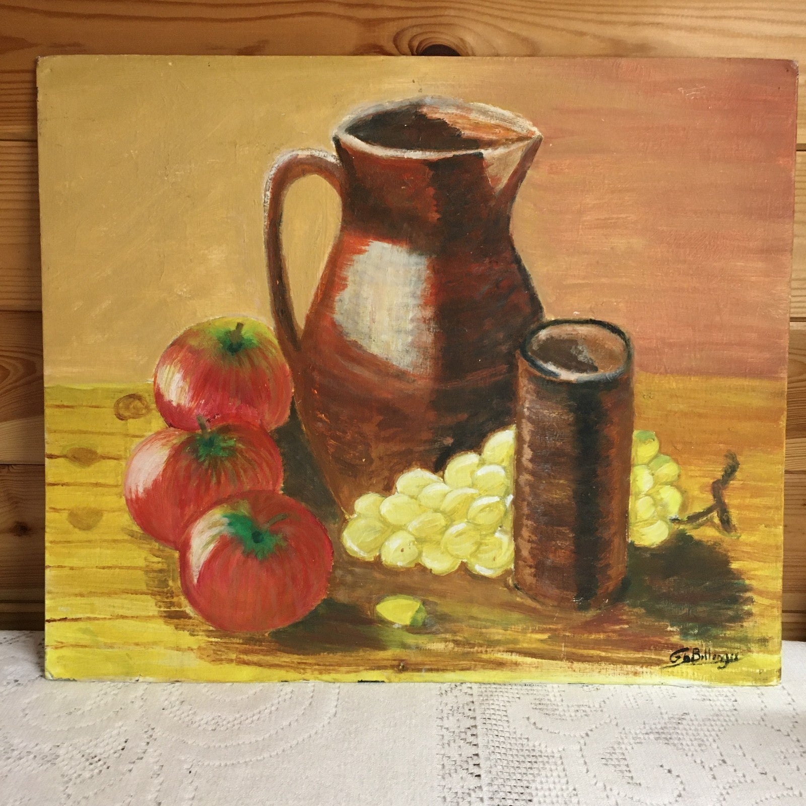 French Vintage Oil Painting. Still Life With Fruit and Jug Signed G Bellenger