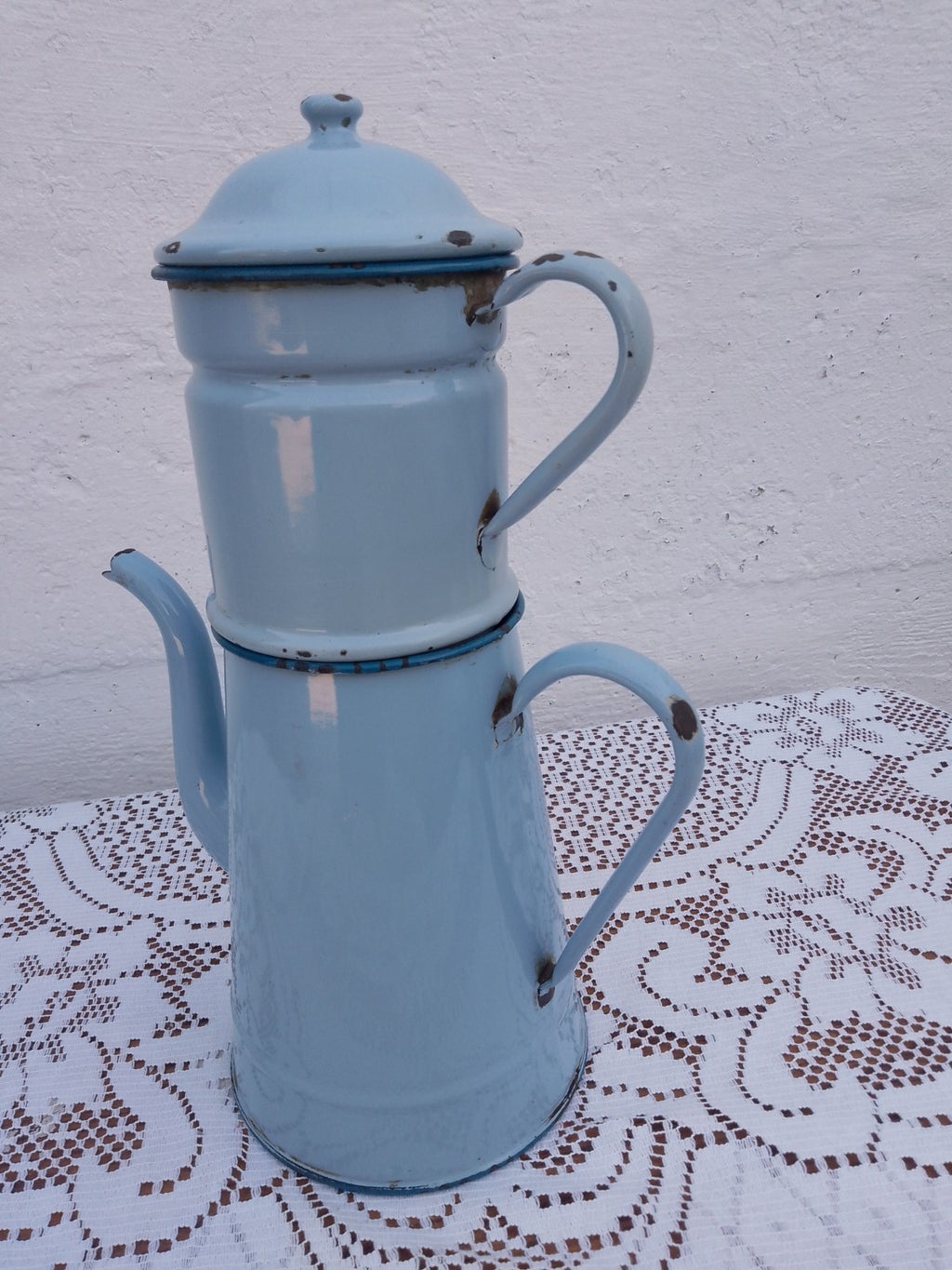 Vintage French Two Tone Pale Blue Enamel Drip Coffee Pot Enamelware 14 inches