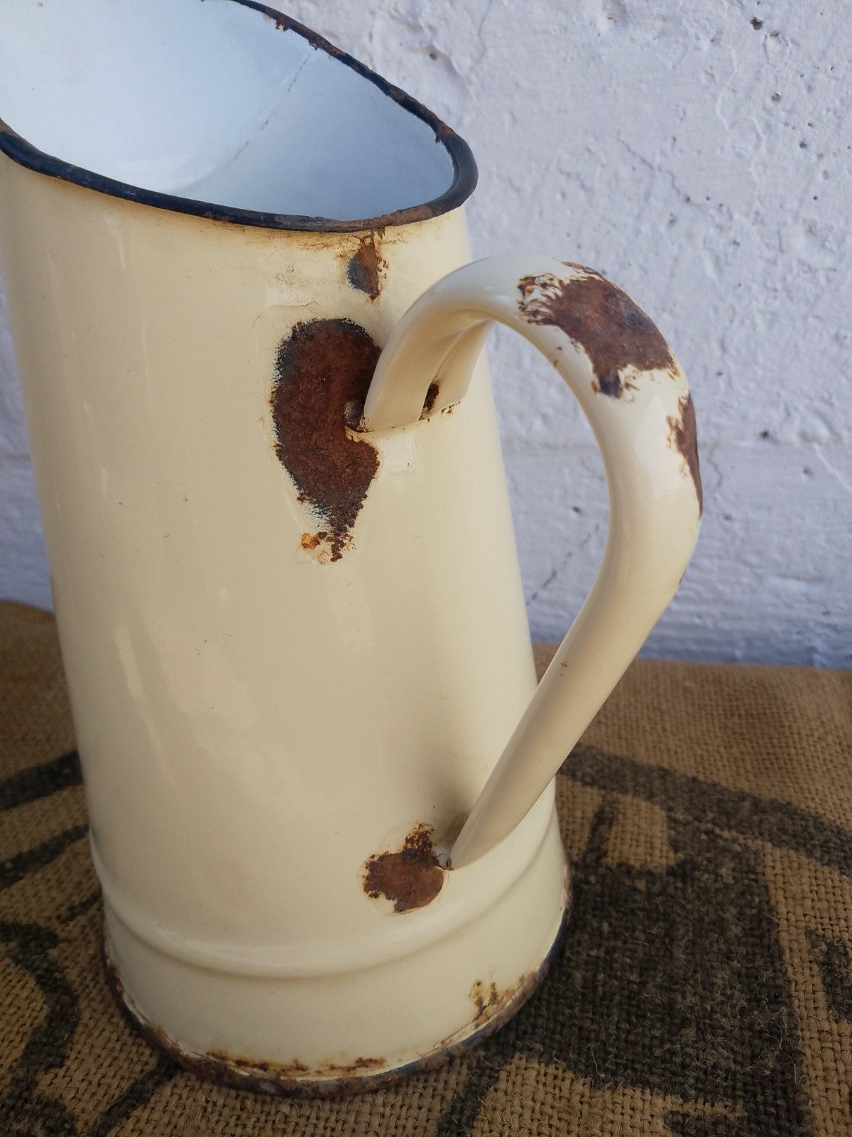 Vintage French Cream Enamel Pitcher Jug Rustic farmhouse Style 20cm tall