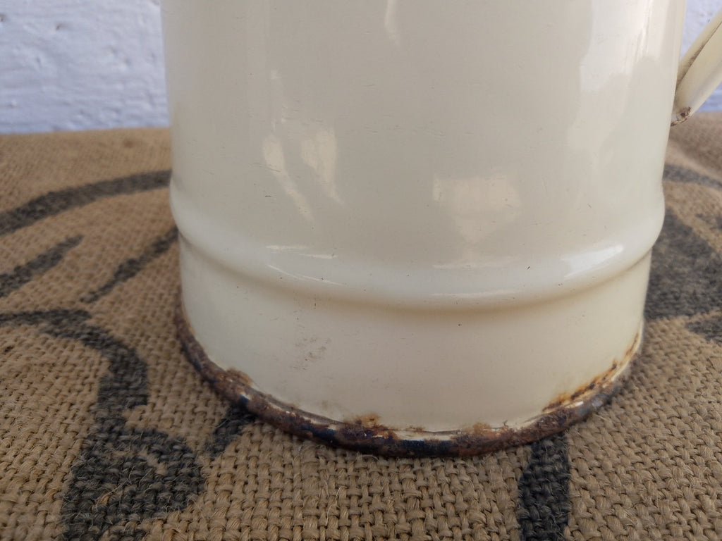 Vintage French Cream Enamel Pitcher Jug Rustic farmhouse Style 20cm tall