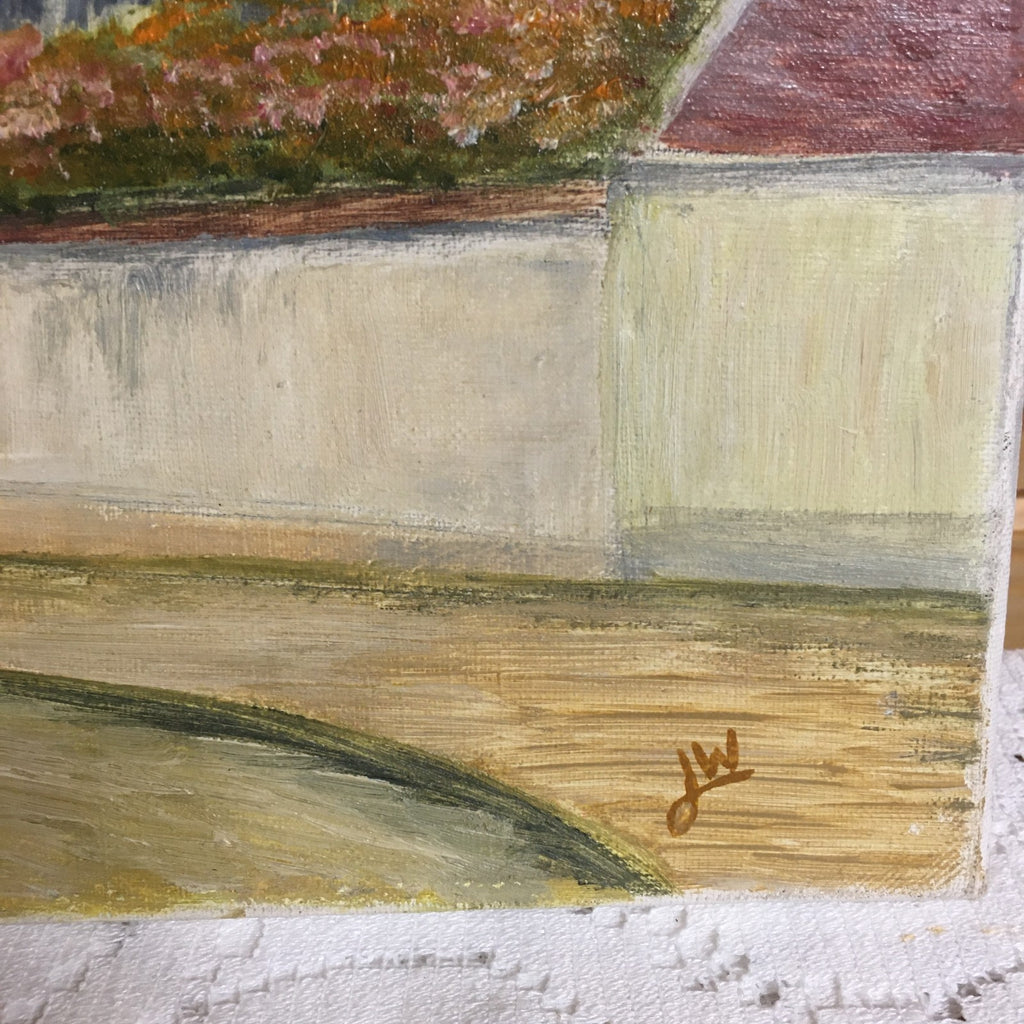 French Naive Vintage Oil Painting.  A French Church. Signed with initials J.W