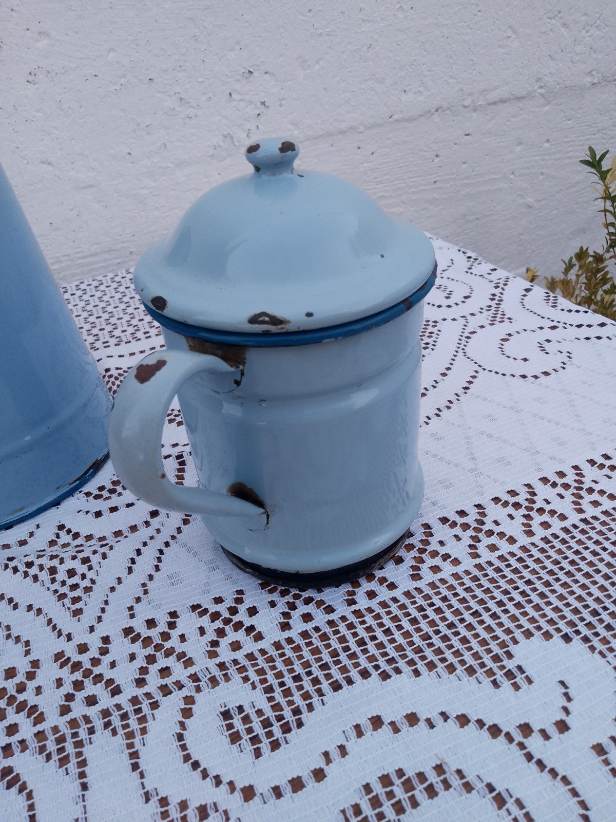 Vintage French Two Tone Pale Blue Enamel Drip Coffee Pot Enamelware 14 inches