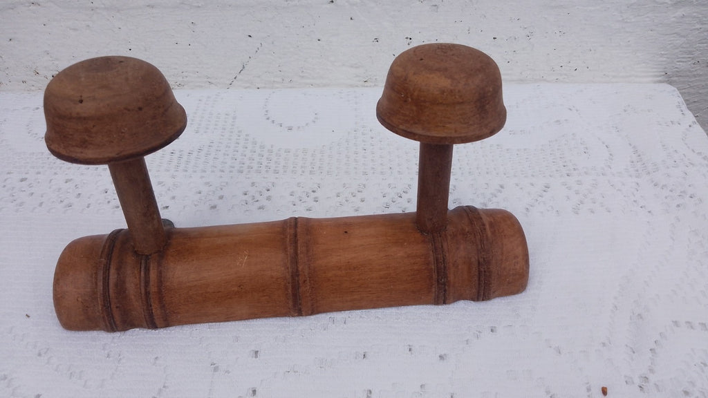 Vintage French 9.5" FAUX BAMBOO TURNED WOOD 2 HOOK COAT RACK Mushroom Pegs