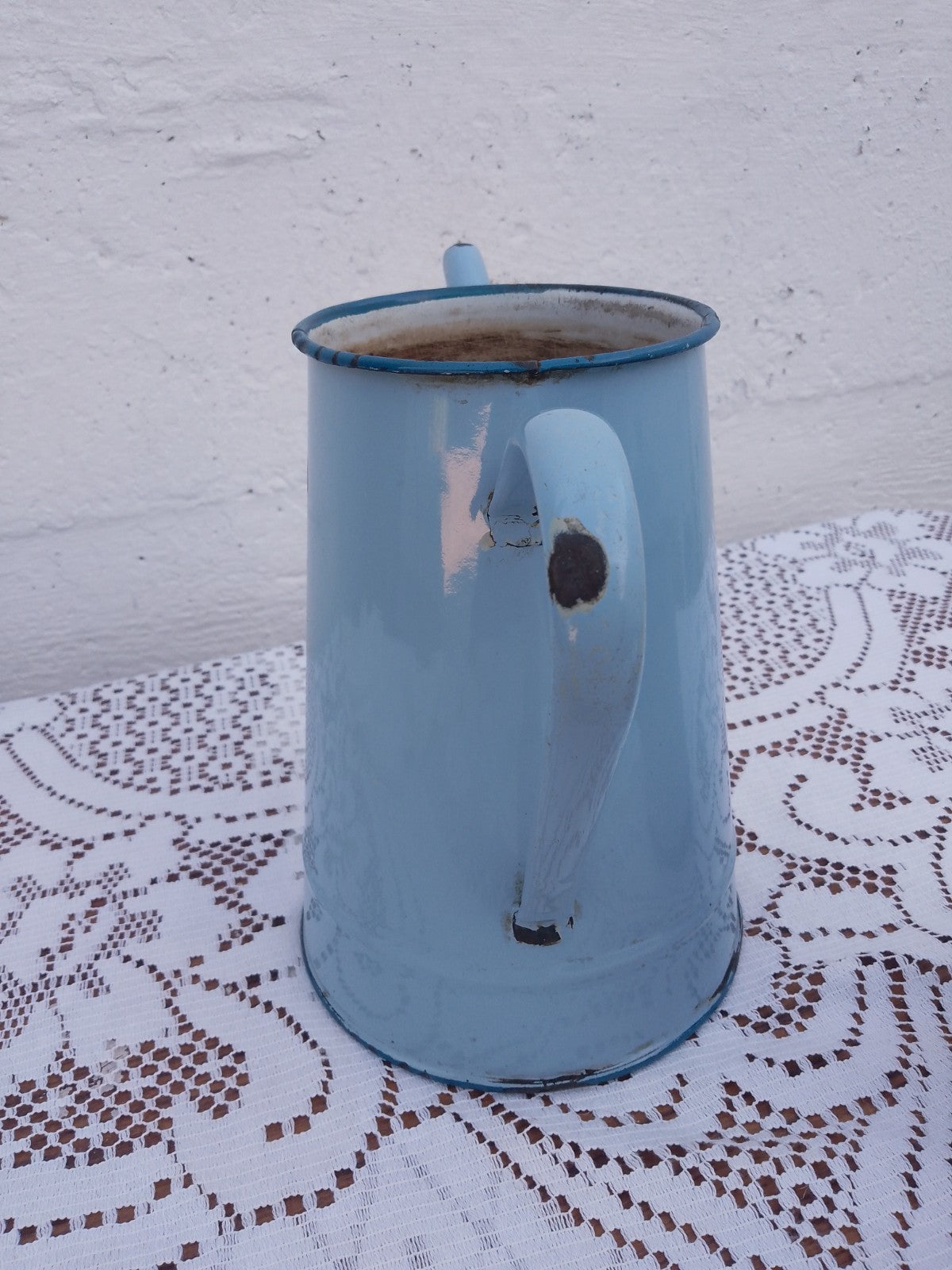 Vintage French Two Tone Pale Blue Enamel Drip Coffee Pot Enamelware 14 inches