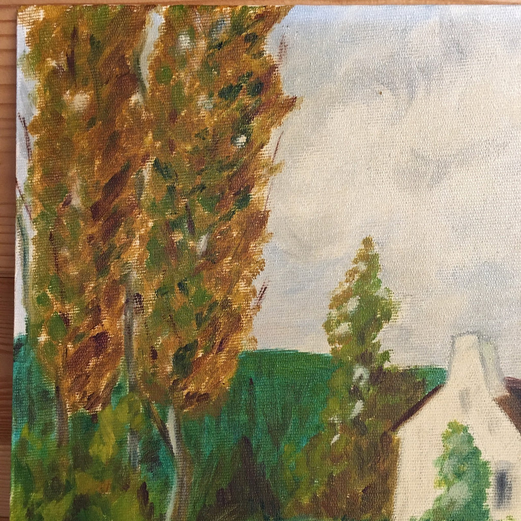 French Naive Vintage Oil Painting Breton Scene Cottage And Stone Cross Signed