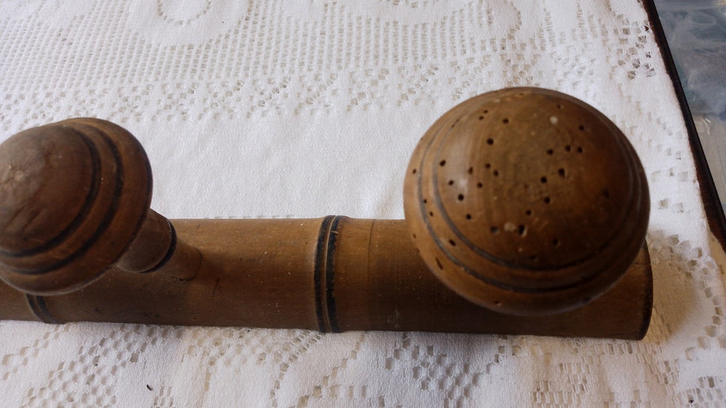 Vintage French 15.75" FAUX BAMBOO TURNED WOOD 3 HOOK COAT RACK Mushroom Pegs