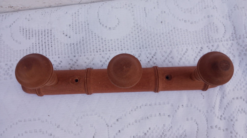 Vintage French 13.75" FAUX BAMBOO TURNED WOOD 3 HOOK COAT RACK Mushroom Pegs