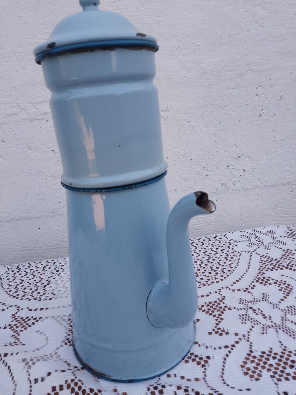 Vintage French Two Tone Pale Blue Enamel Drip Coffee Pot Enamelware 14 inches