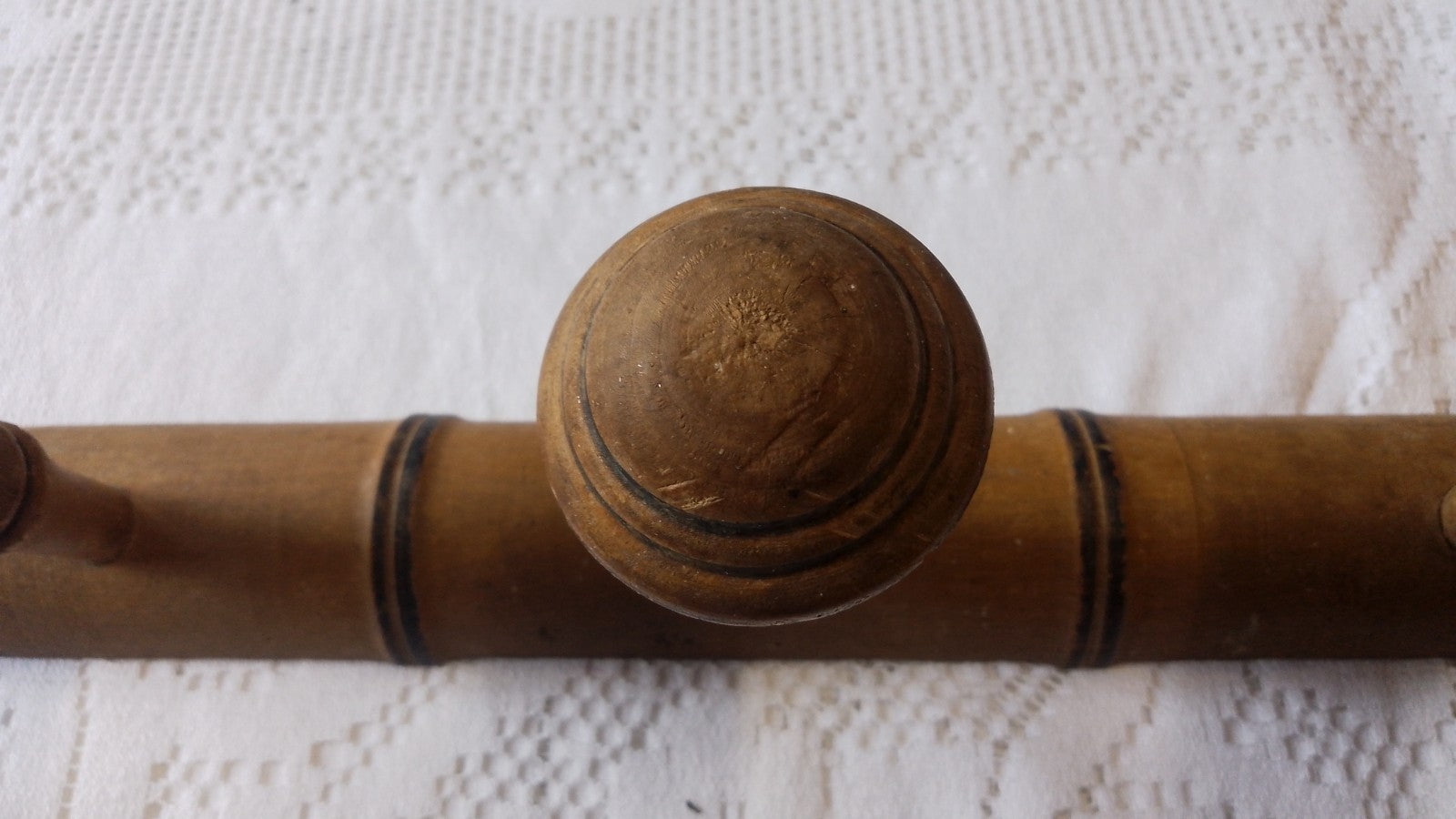 Vintage French 15.75" FAUX BAMBOO TURNED WOOD 3 HOOK COAT RACK Mushroom Pegs