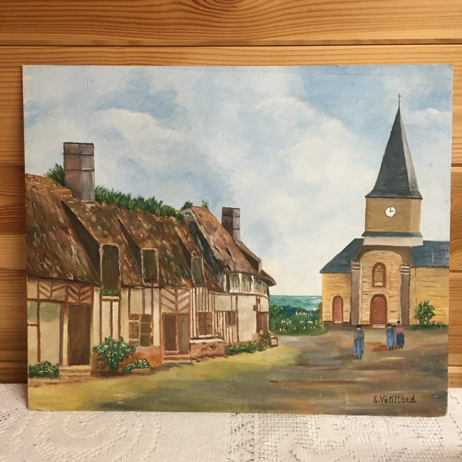 Vintage Naive Oil Painting French Country Village Scene Signed E Vetillard