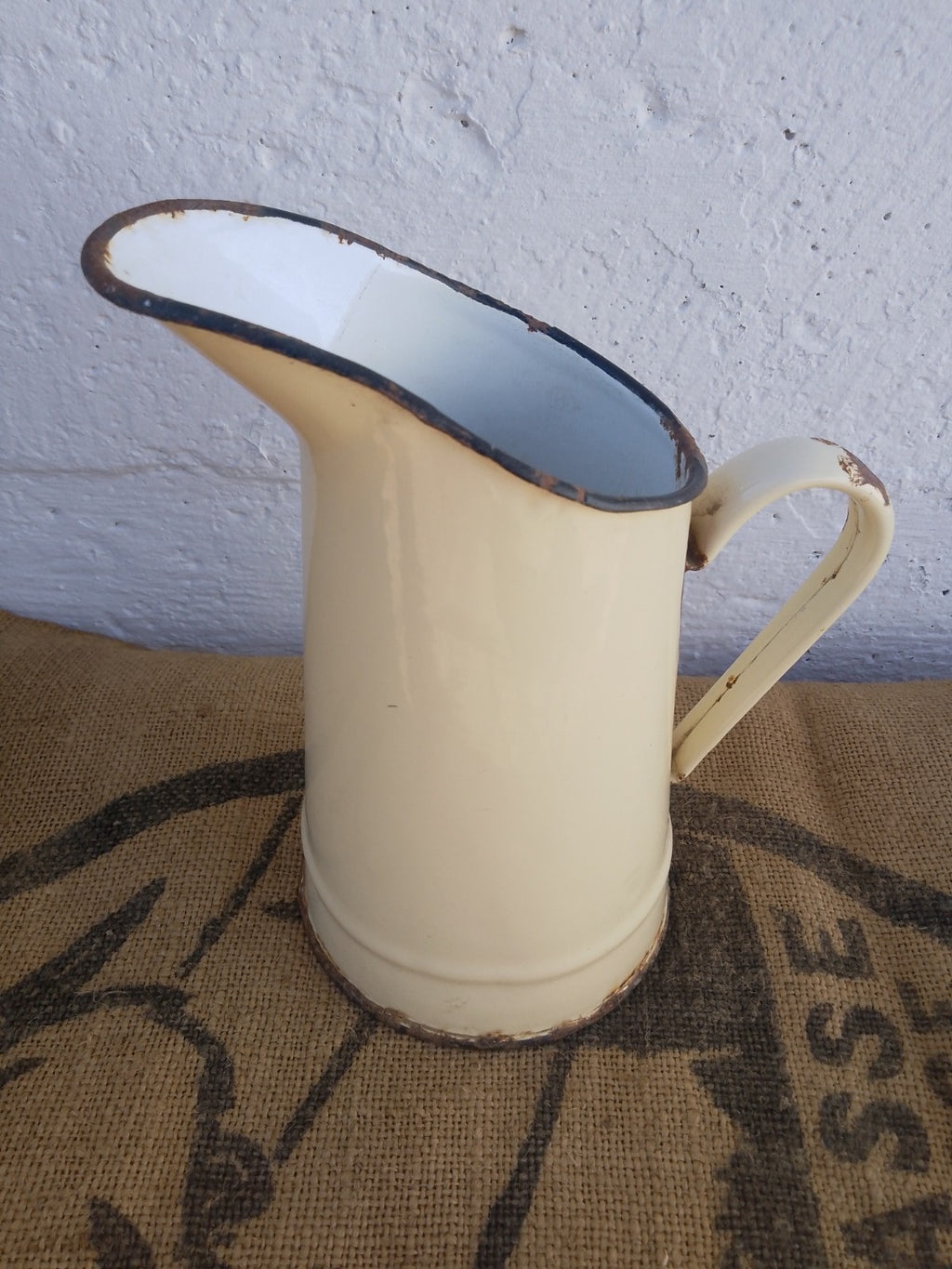 Vintage French Cream Enamel Pitcher Jug Rustic farmhouse Style 20cm tall