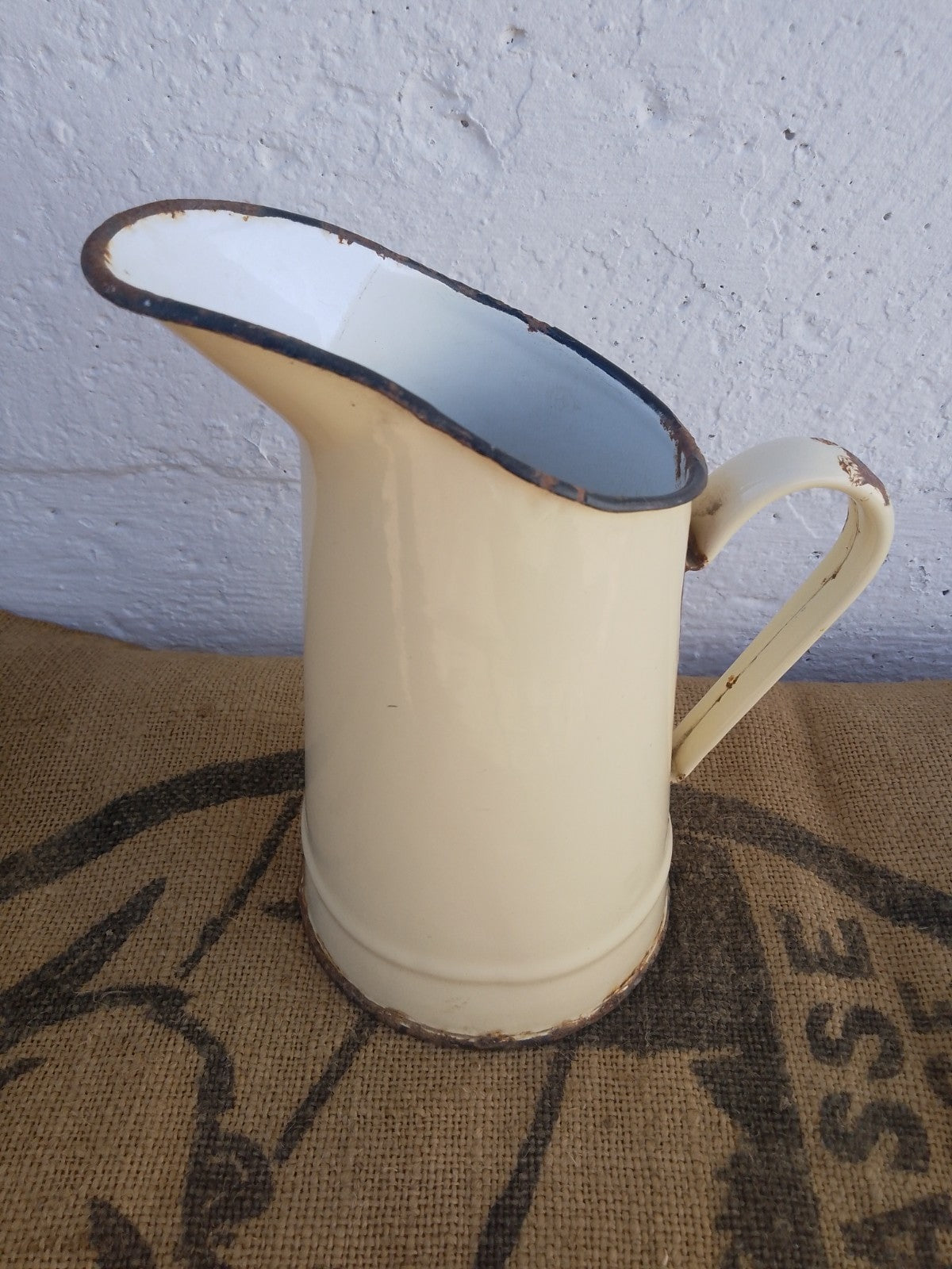 Vintage French Cream Enamel Pitcher Jug Rustic farmhouse Style 20cm tall