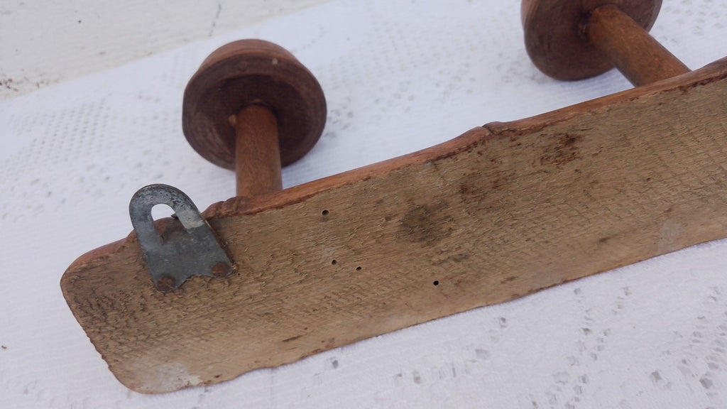 Vintage French 9.5" FAUX BAMBOO TURNED WOOD 2 HOOK COAT RACK Mushroom Pegs