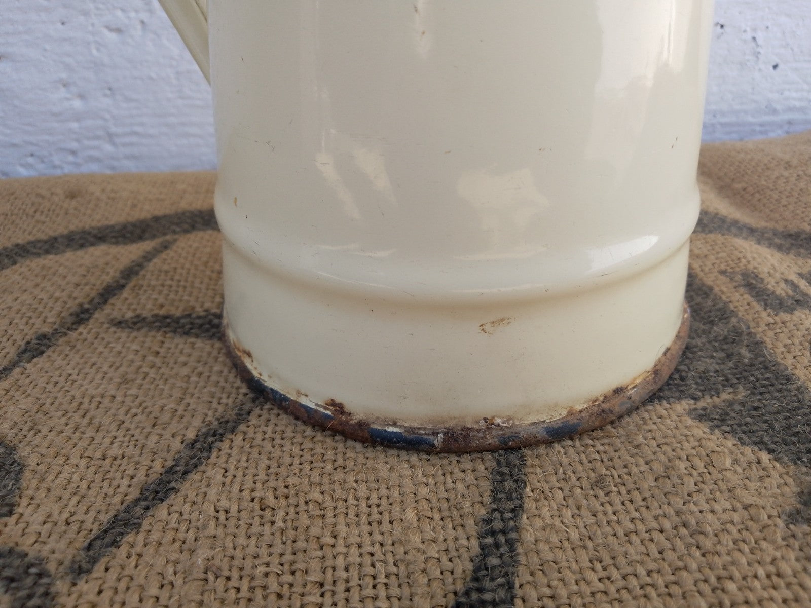 Vintage French Cream Enamel Pitcher Jug Rustic farmhouse Style 20cm tall