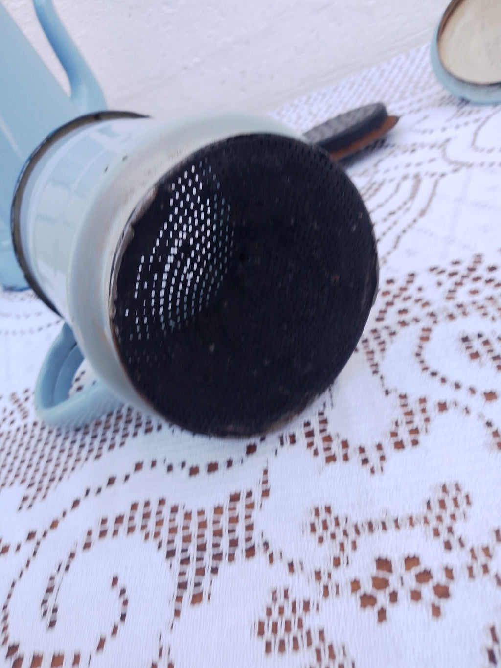 Vintage French Two Tone Pale Blue Enamel Drip Coffee Pot Enamelware 14 inches