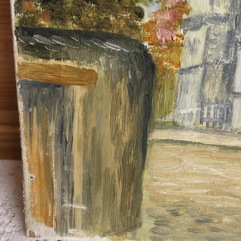 French Naive Vintage Oil Painting.  A French Church. Signed with initials J.W