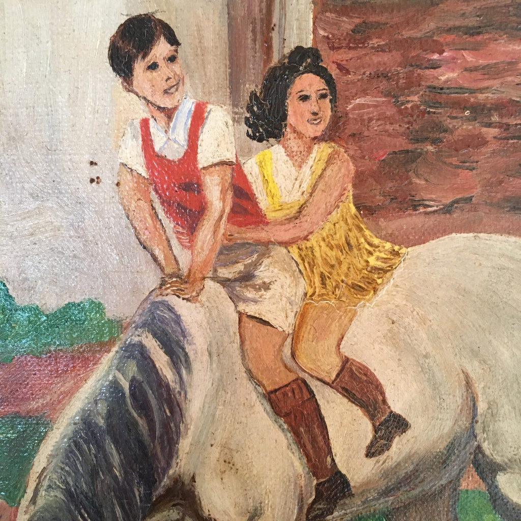 Original Naive Oil on Board French Farm House Scene Family & Horse Signed Dupont