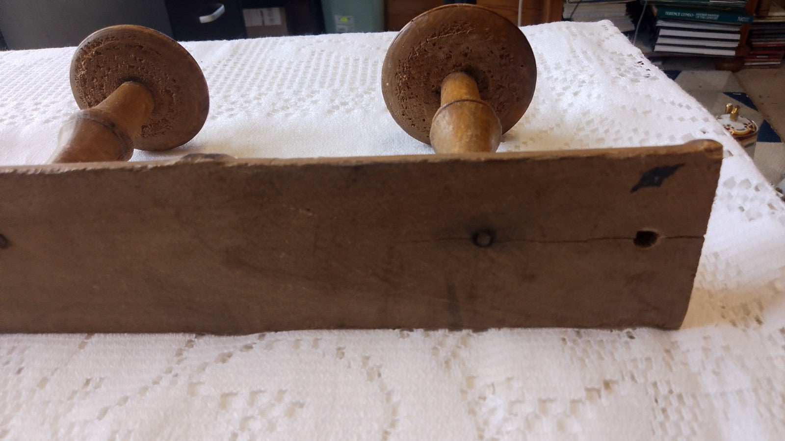 Vintage French 15.75" FAUX BAMBOO TURNED WOOD 3 HOOK COAT RACK Mushroom Pegs