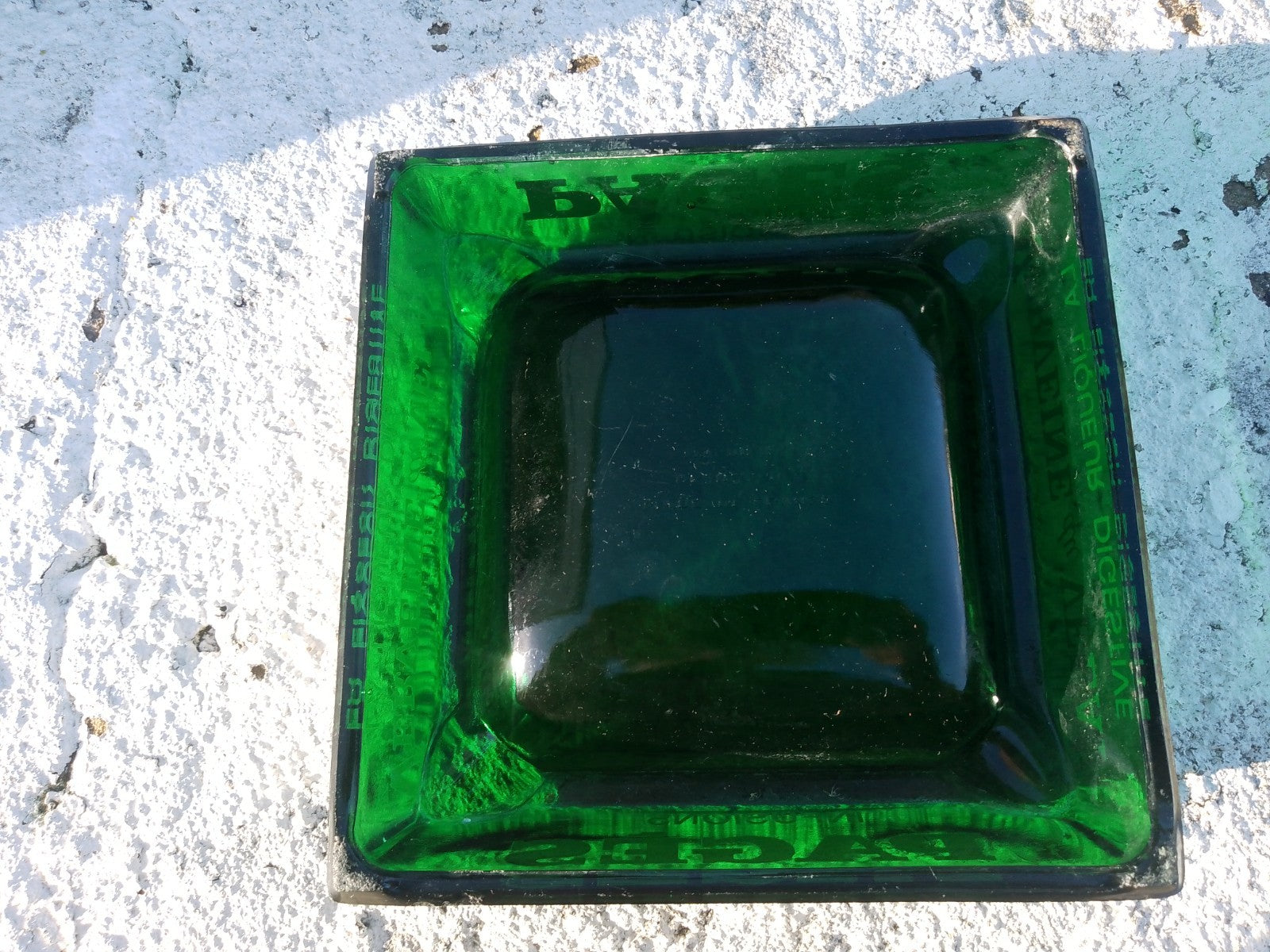 Vintage French Ashtray Verveine du Velay PAGES Liqueur Green Glass Pub Man Cave