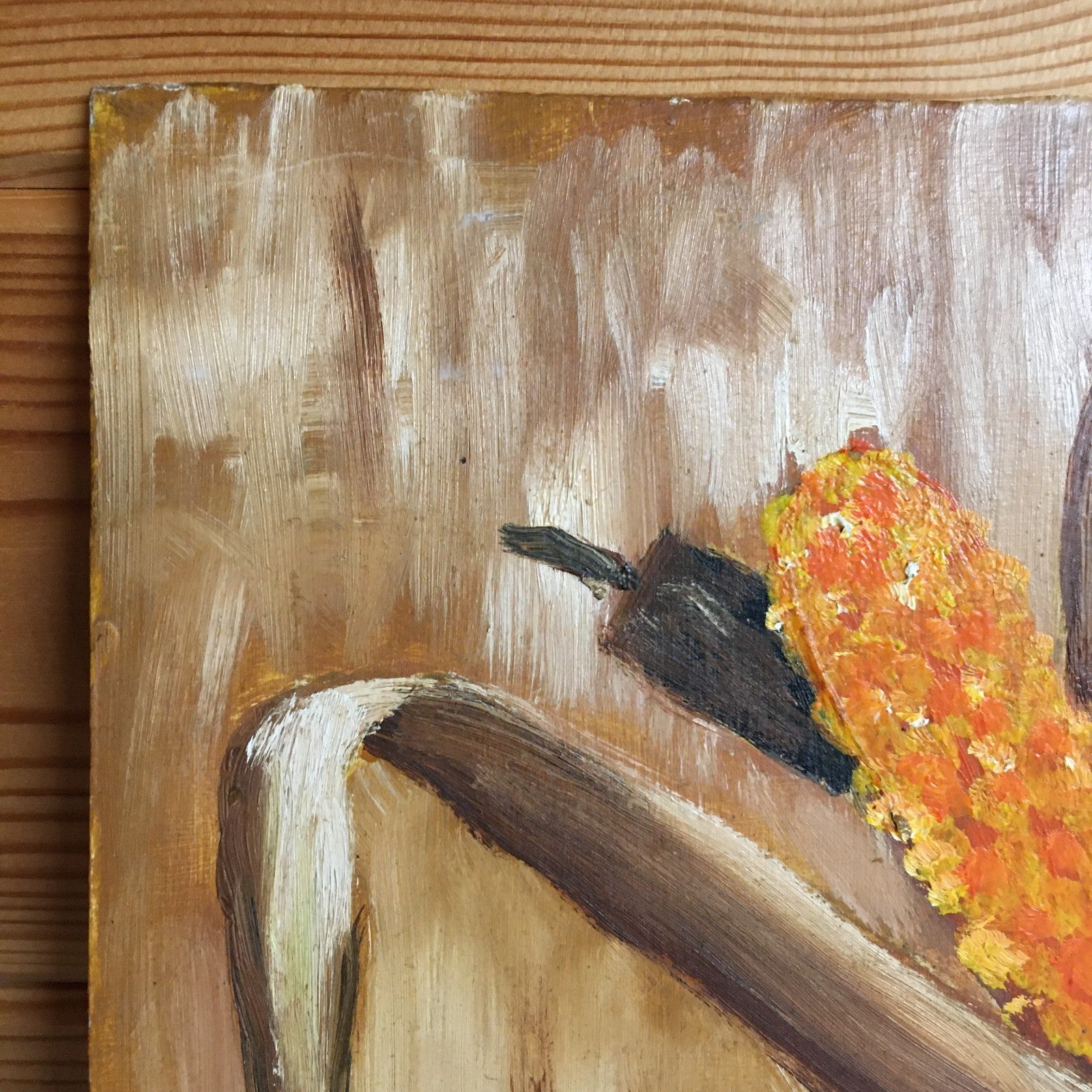 French Naive Vintage Oil Painting Still Life Dried Corn On The Cob In Green Vase