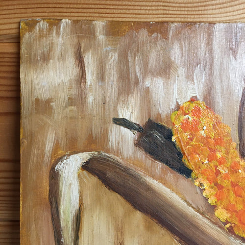 French Naive Vintage Oil Painting Still Life Dried Corn On The Cob In Green Vase