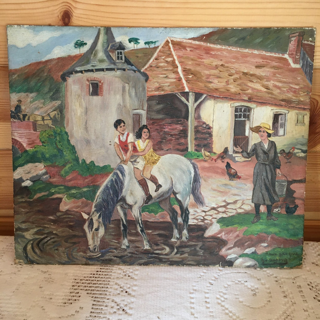 Original Naive Oil on Board French Farm House Scene Family & Horse Signed Dupont