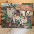 Original Naive Oil on Board French Farm House Scene Family & Horse Signed Dupont