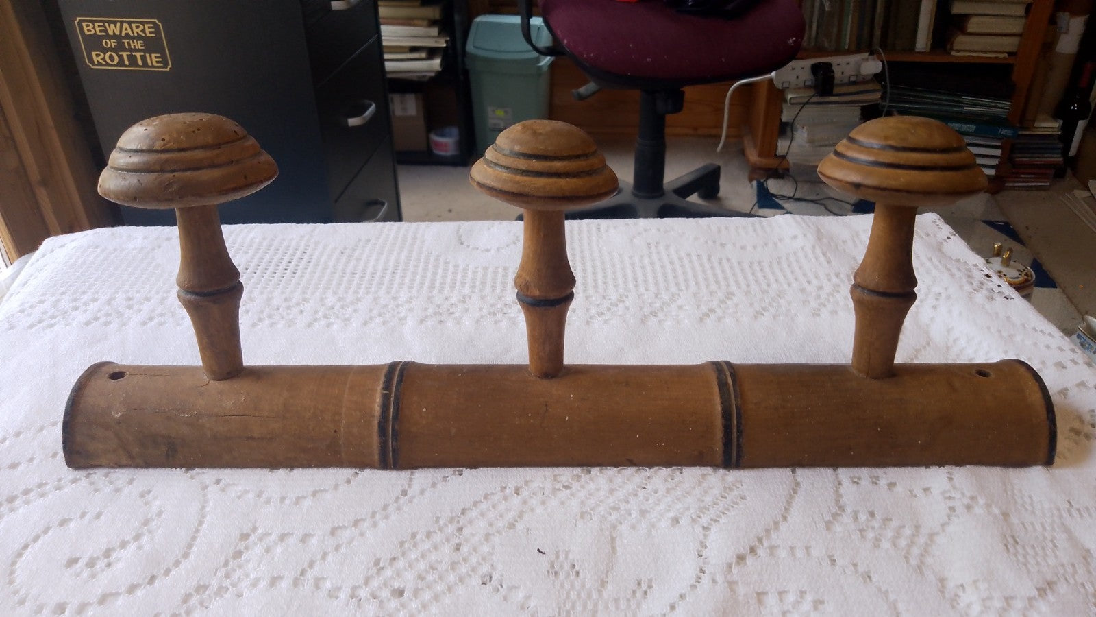 Vintage French 15.75" FAUX BAMBOO TURNED WOOD 3 HOOK COAT RACK Mushroom Pegs