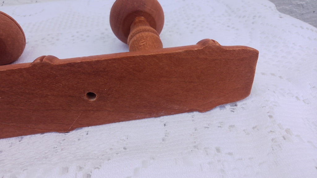 Vintage French 13.75" FAUX BAMBOO TURNED WOOD 3 HOOK COAT RACK Mushroom Pegs