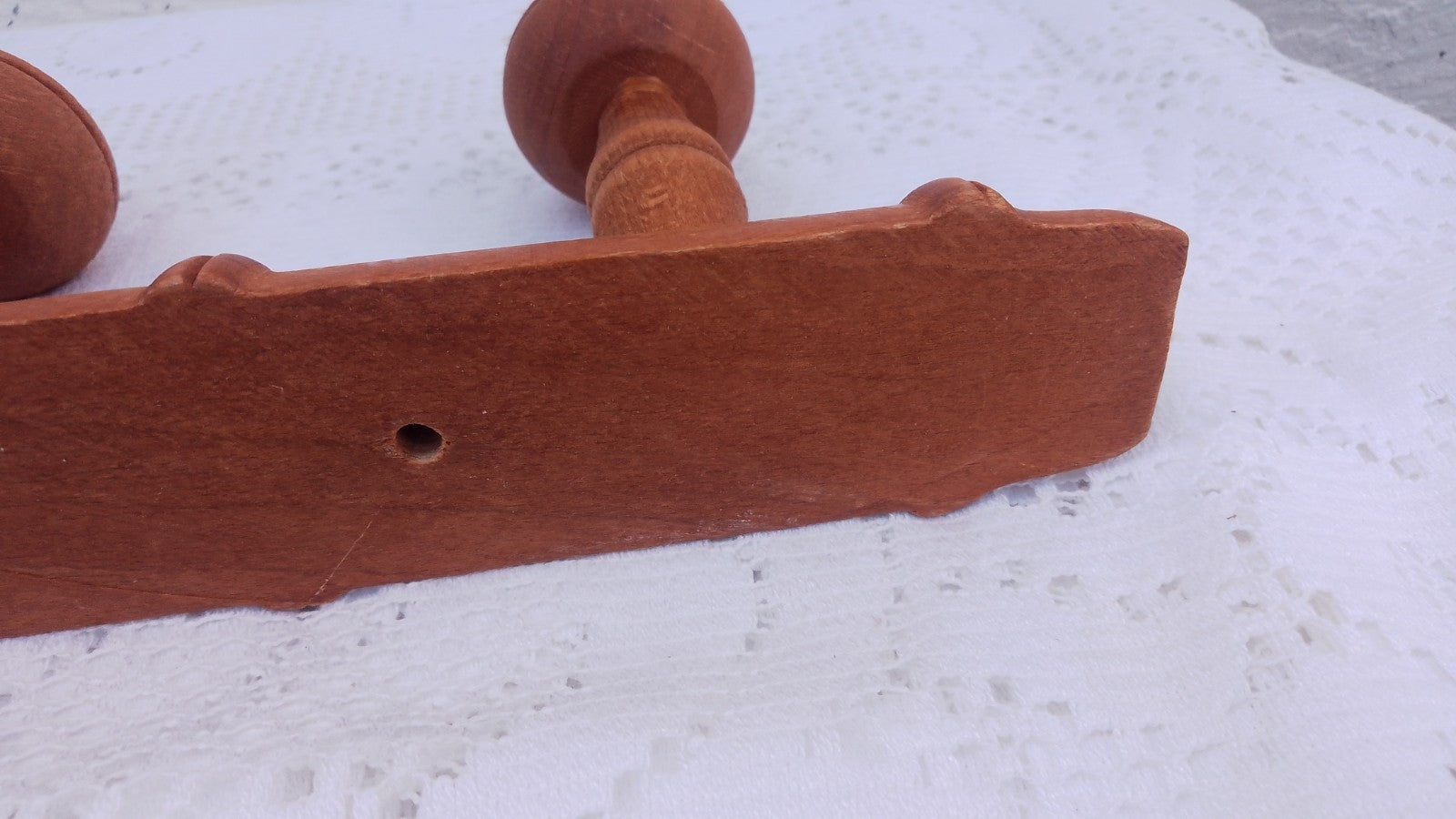 Vintage French 13.75" FAUX BAMBOO TURNED WOOD 3 HOOK COAT RACK Mushroom Pegs