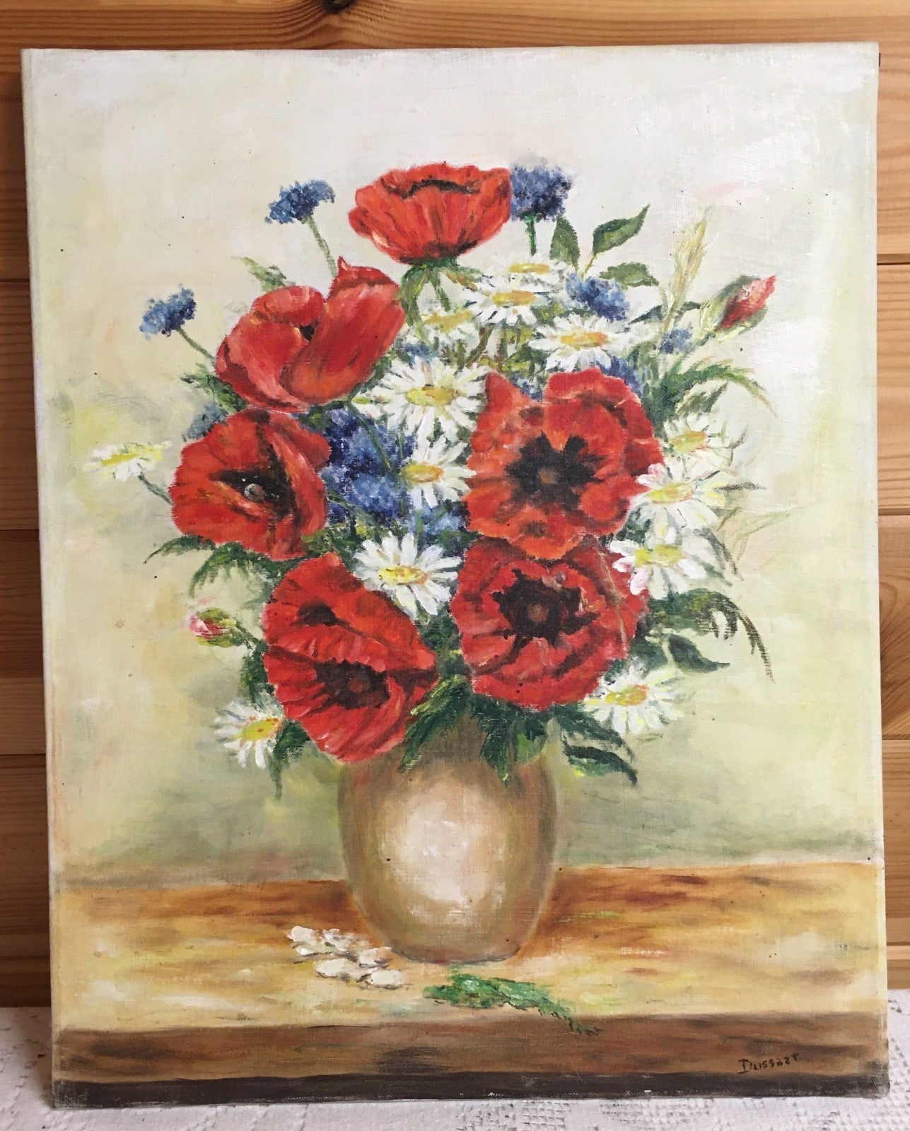 Vintage French Oil Painting. Signed by Dussart. Poppies And Daisies in A Vase
