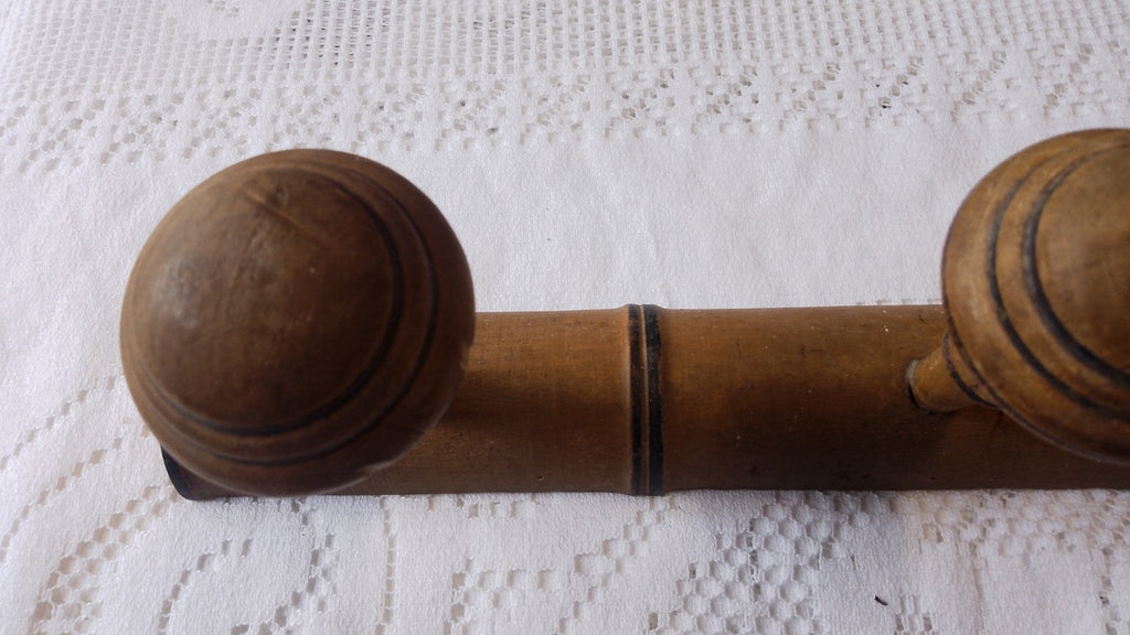 Vintage French 15.75" FAUX BAMBOO TURNED WOOD 3 HOOK COAT RACK Mushroom Pegs