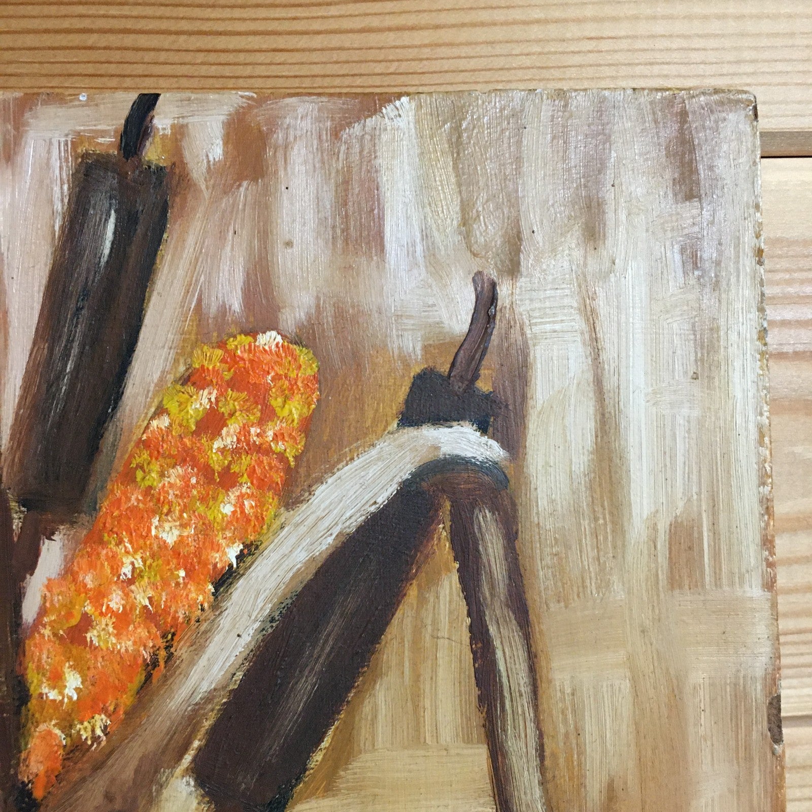 French Naive Vintage Oil Painting Still Life Dried Corn On The Cob In Green Vase