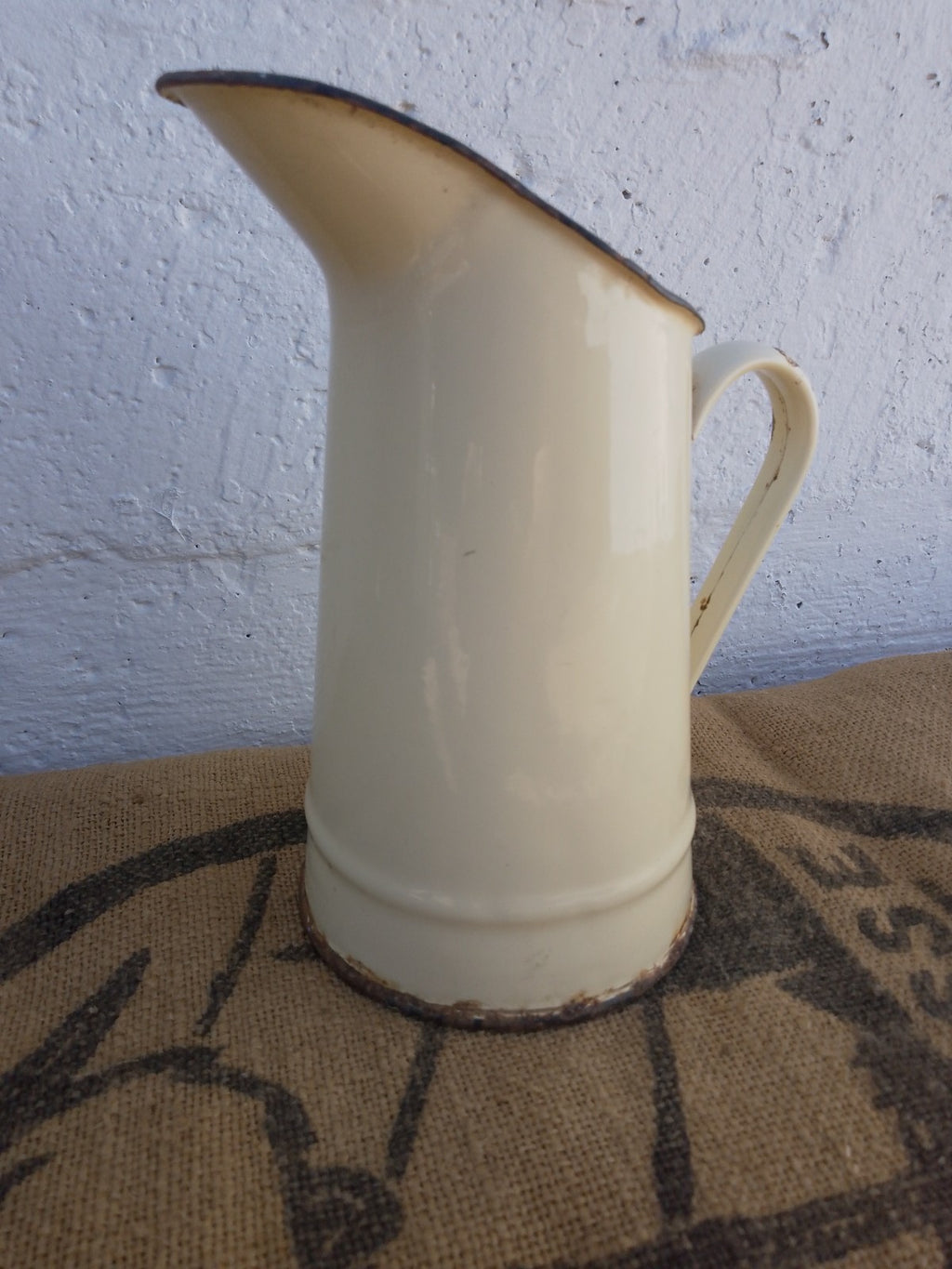 Vintage French Cream Enamel Pitcher Jug Rustic farmhouse Style 20cm tall