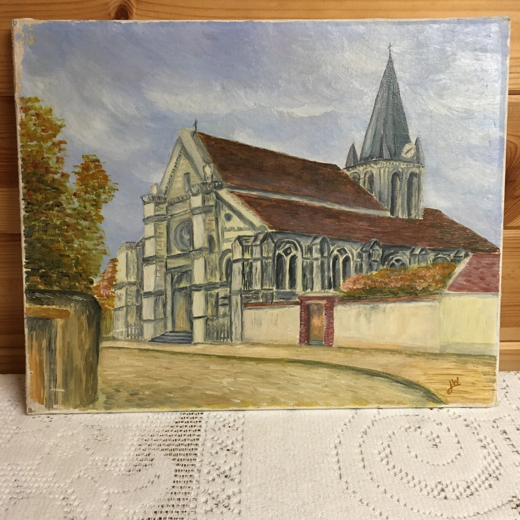 French Naive Vintage Oil Painting.  A French Church. Signed with initials J.W