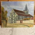 French Naive Vintage Oil Painting.  A French Church. Signed with initials J.W