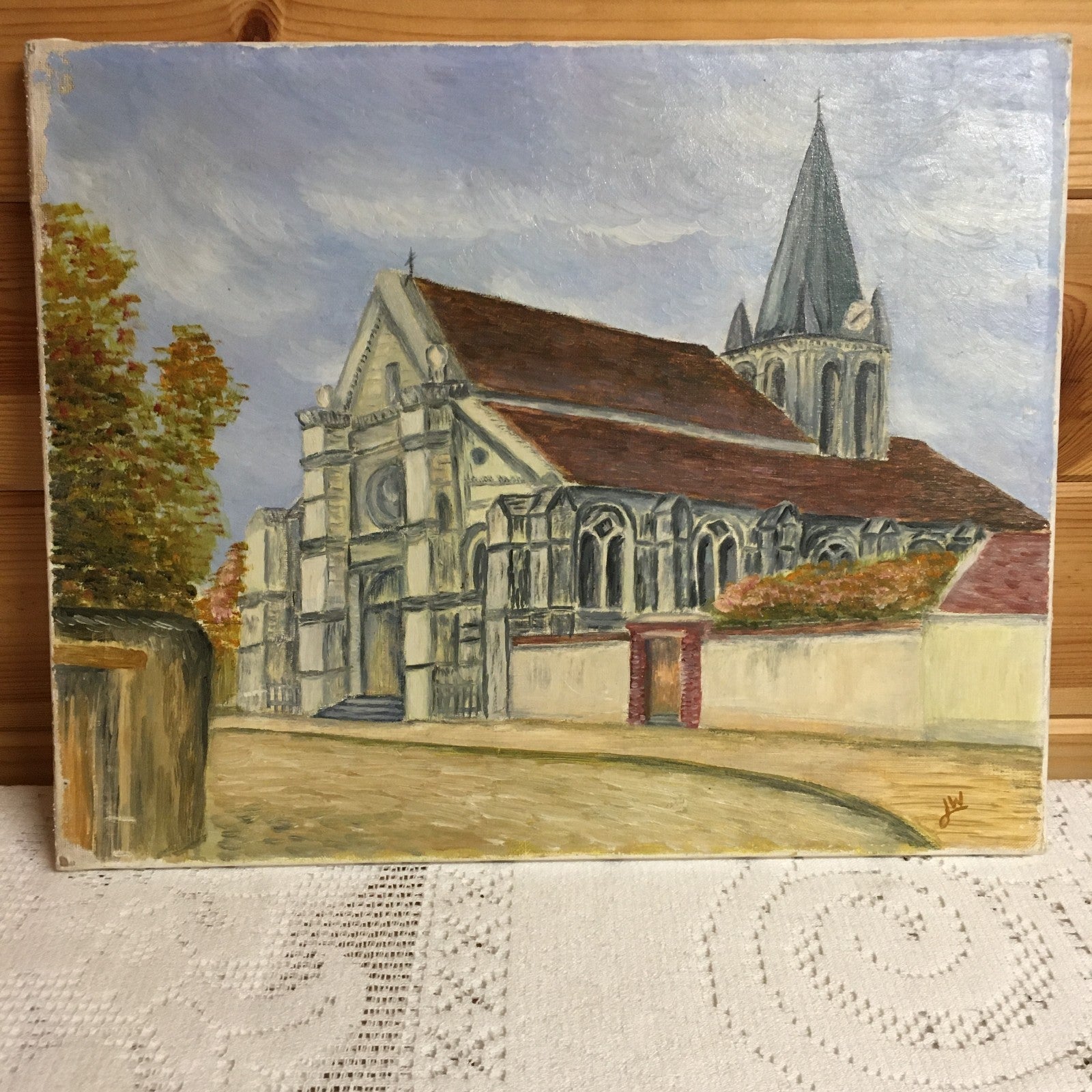 French Naive Vintage Oil Painting.  A French Church. Signed with initials J.W