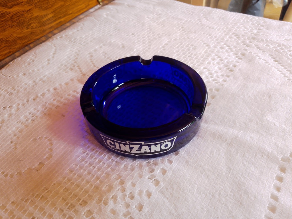 Vintage Cinzano Blue Glass Ashtray Made in Italy Round