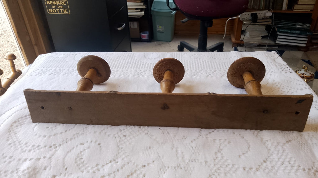 Vintage French 15.75" FAUX BAMBOO TURNED WOOD 3 HOOK COAT RACK Mushroom Pegs