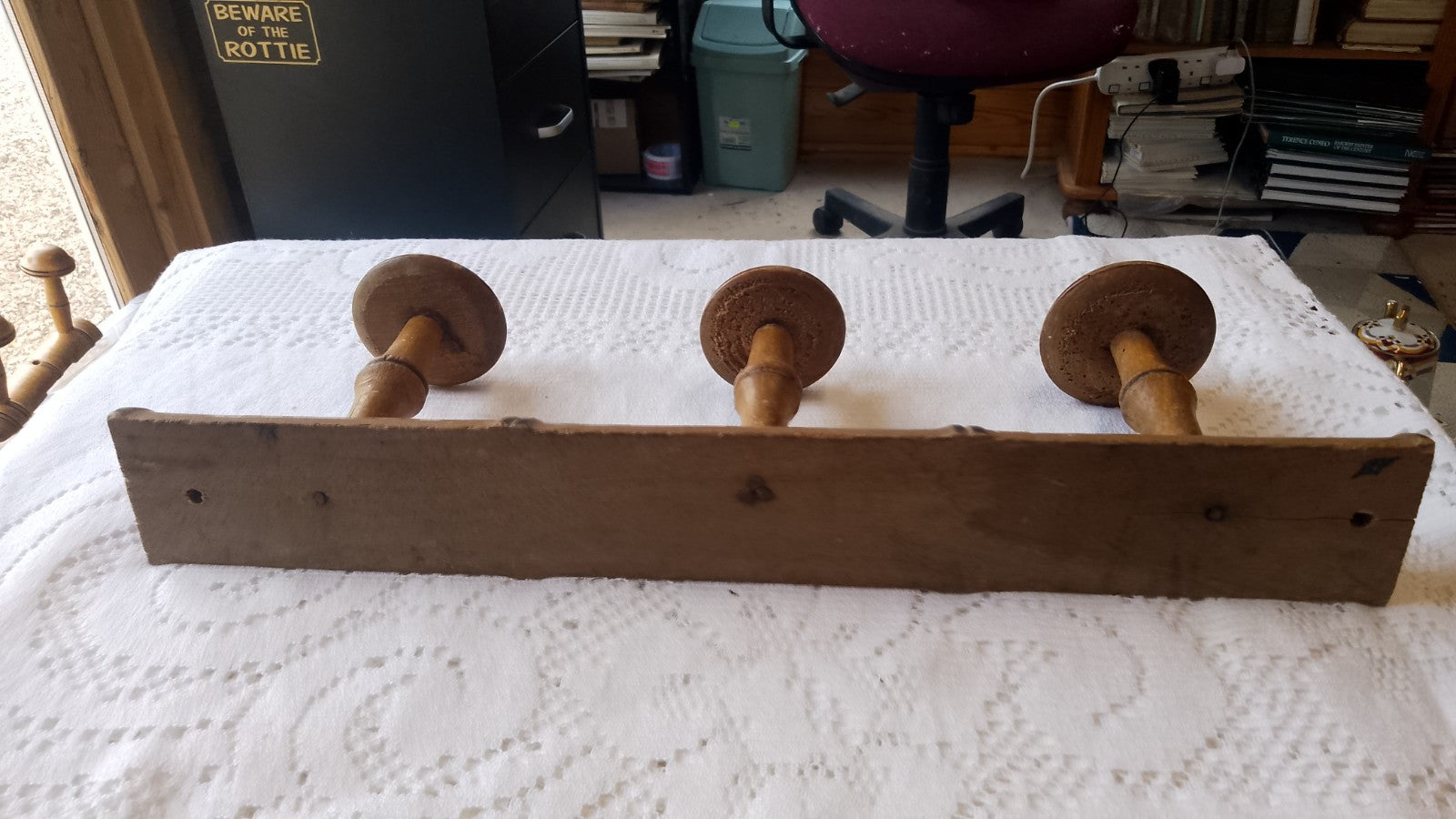 Vintage French 15.75" FAUX BAMBOO TURNED WOOD 3 HOOK COAT RACK Mushroom Pegs