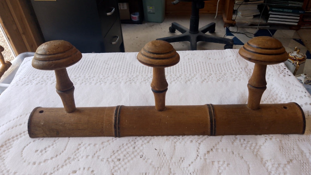 Vintage French 15.75" FAUX BAMBOO TURNED WOOD 3 HOOK COAT RACK Mushroom Pegs