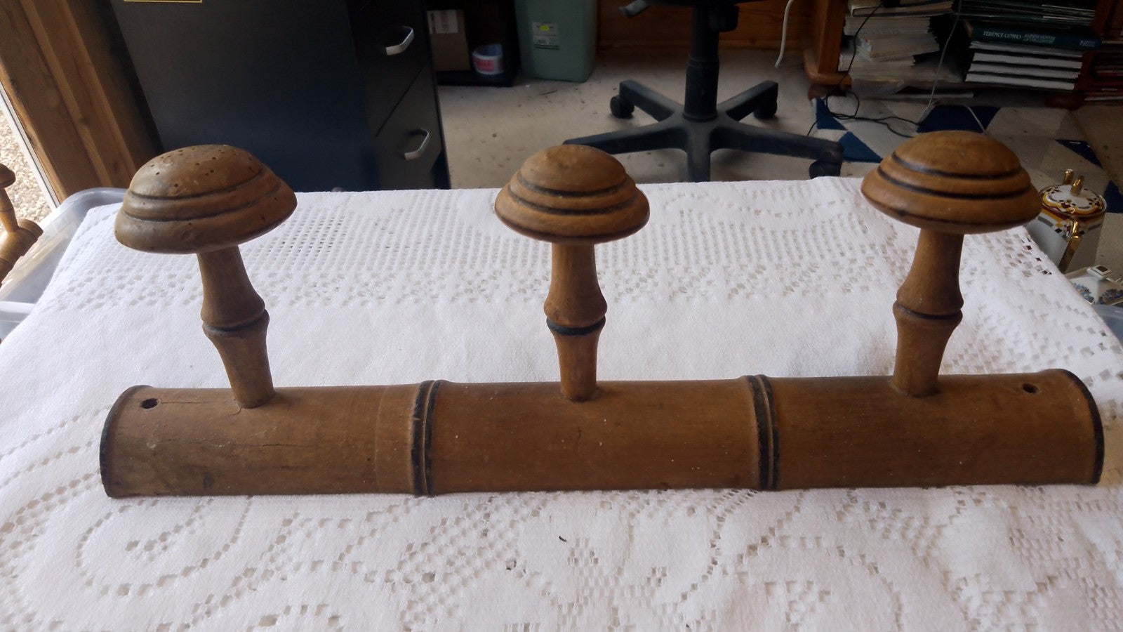 Vintage French 15.75" FAUX BAMBOO TURNED WOOD 3 HOOK COAT RACK Mushroom Pegs