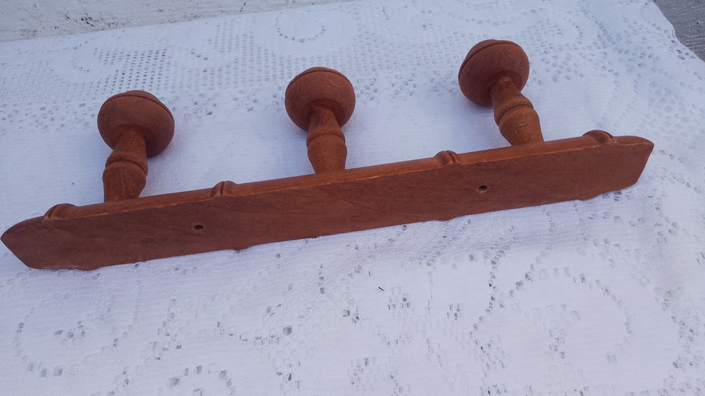 Vintage French 13.75" FAUX BAMBOO TURNED WOOD 3 HOOK COAT RACK Mushroom Pegs